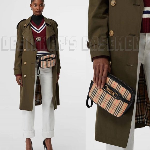 Burberry Handbags - BURBERRY black leather LINK 1983 beige canvas Equestrian Knight Check Belt Bag